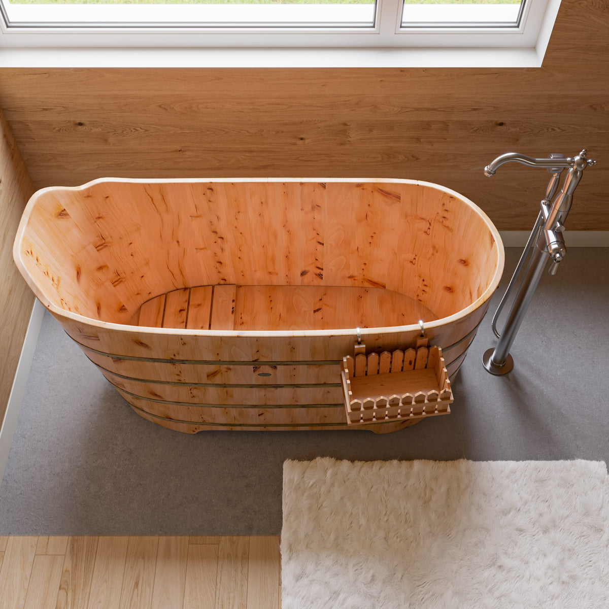 ALFI - 59&quot; Cedar Wood Freestanding Bathtub w/ Bench - AB1103