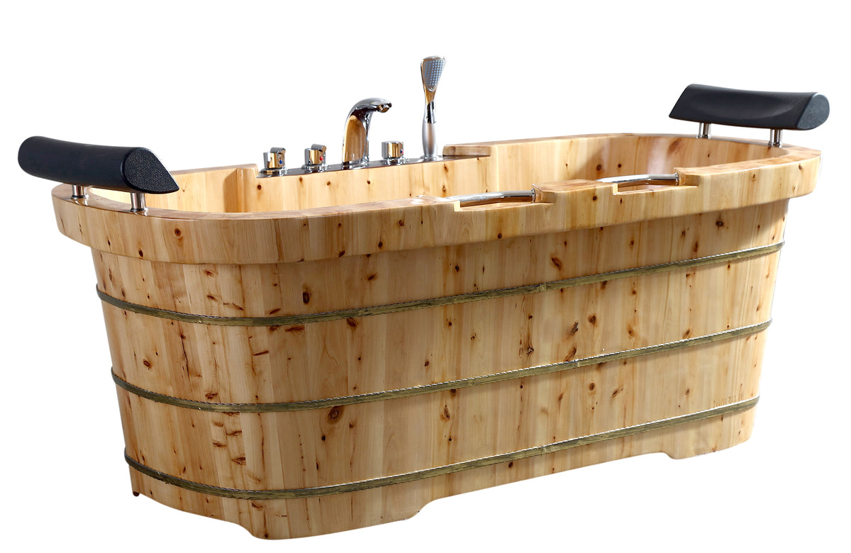 ALFI - 65&quot; 2 Person Cedar Wood Freestanding Bathtub w/ Fixture &amp; Headrest - AB1130