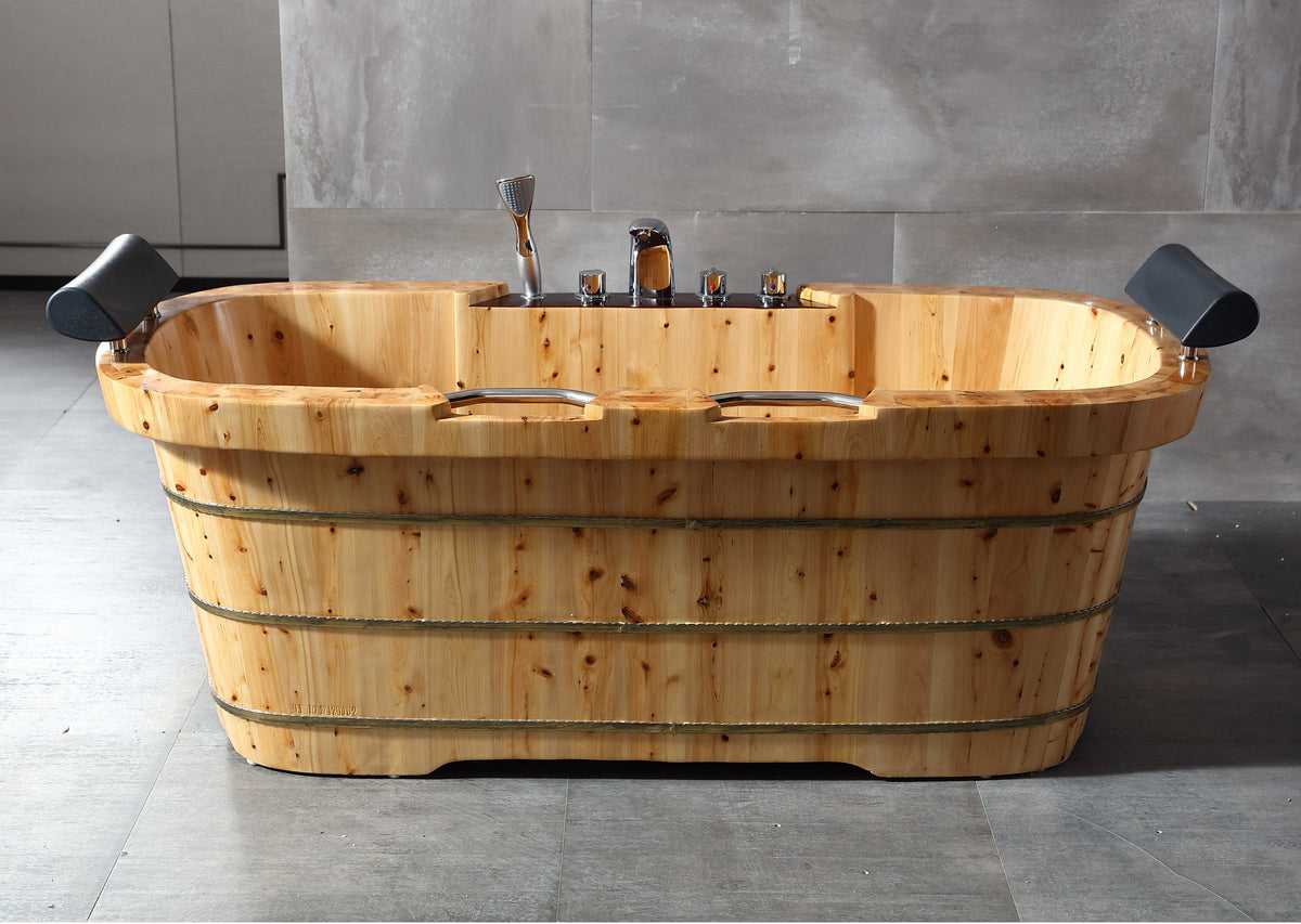 ALFI - 65&quot; 2 Person Cedar Wood Freestanding Bathtub w/ Fixture &amp; Headrest - AB1130