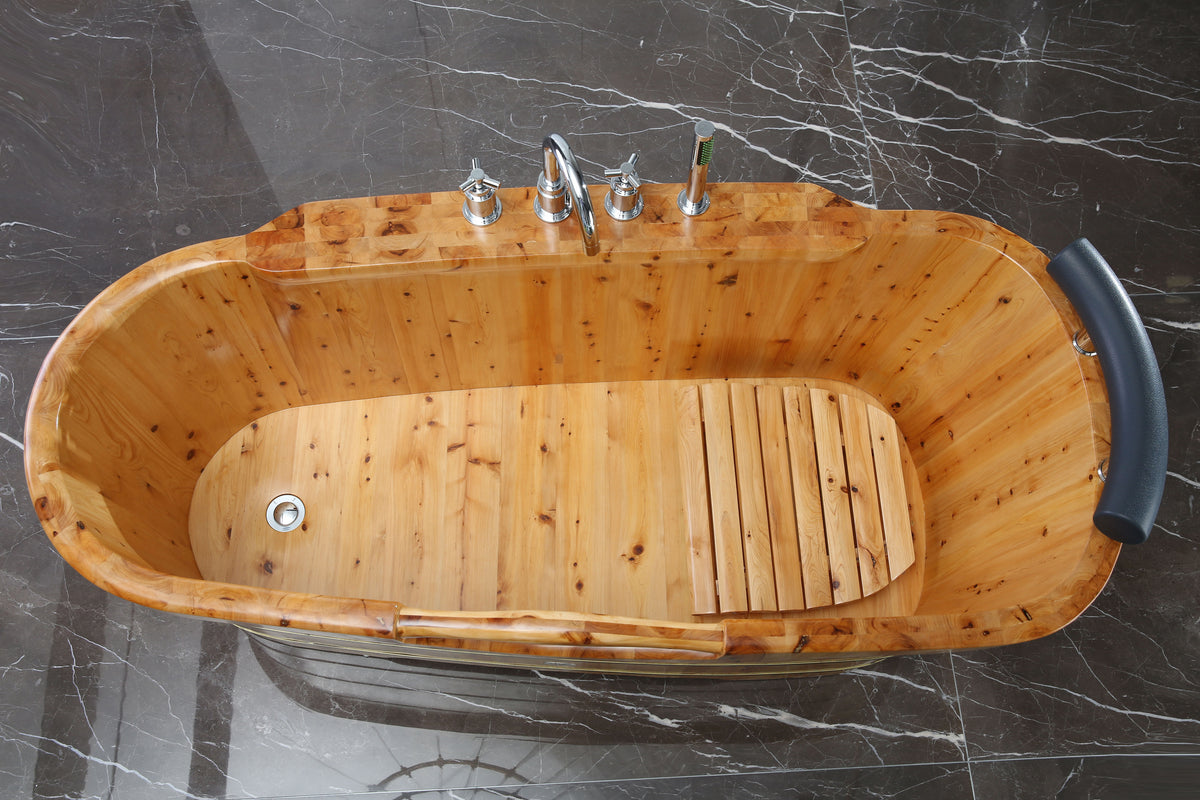 ALFI - 61&quot; Cedar Wood Freestanding Bathtub w/ Tub Filler - AB1136