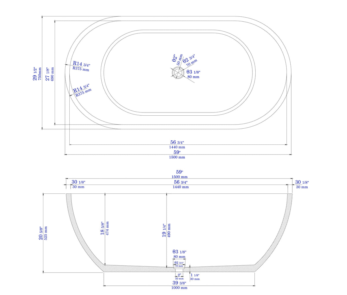 ALFI - 59&quot; Solid Concrete Oval Freestanding Bathtub - ABCO59TUB