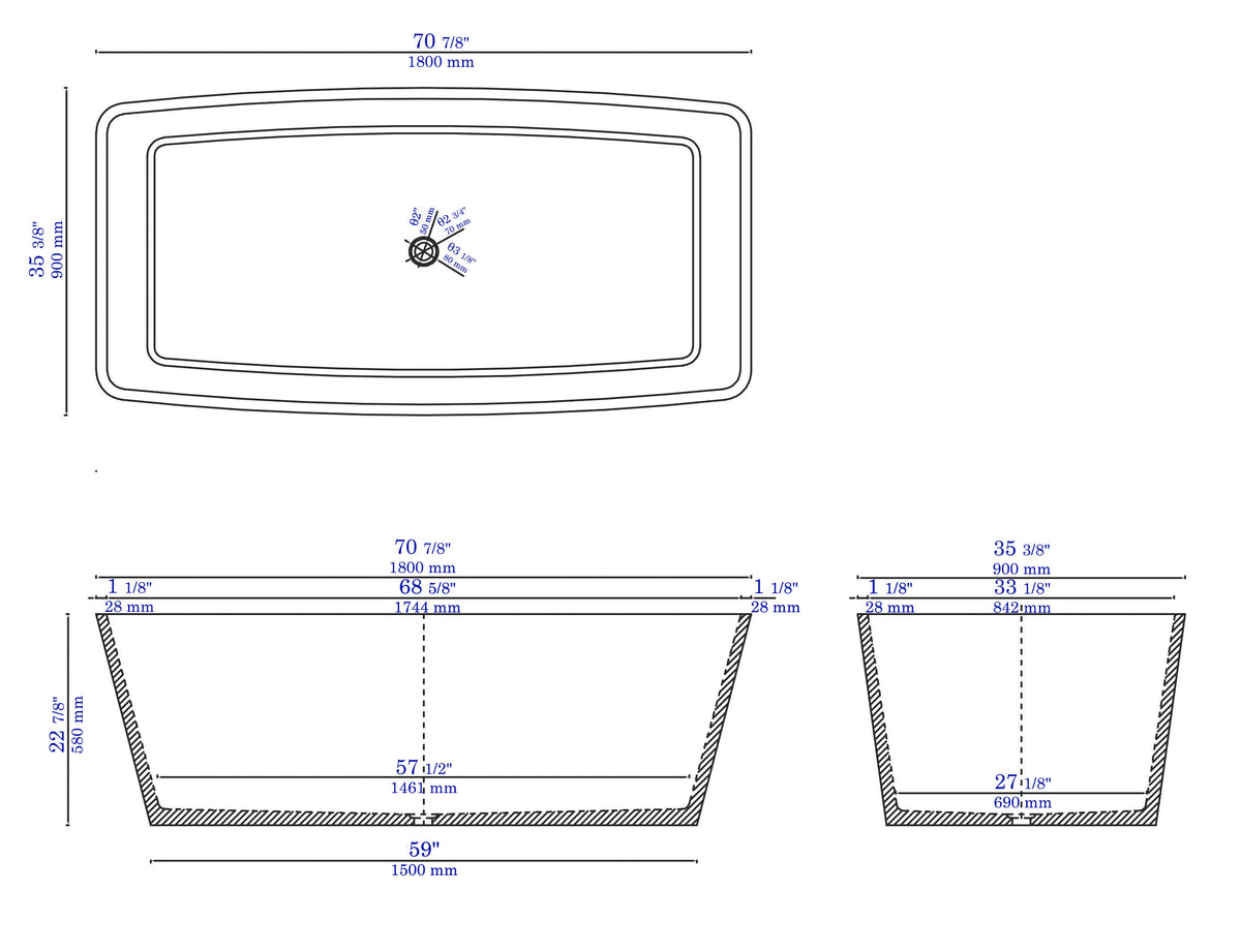 ALFI - Solid Concrete Rectangular Freestanding Bathtub - ABCO71TUB 71&quot;