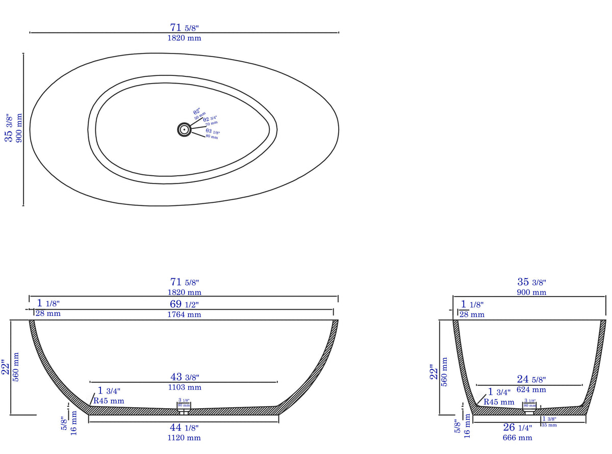 ALFI - 72&quot; Solid Concrete Tear Drop Freestanding Bathtub - ABCO72TUB